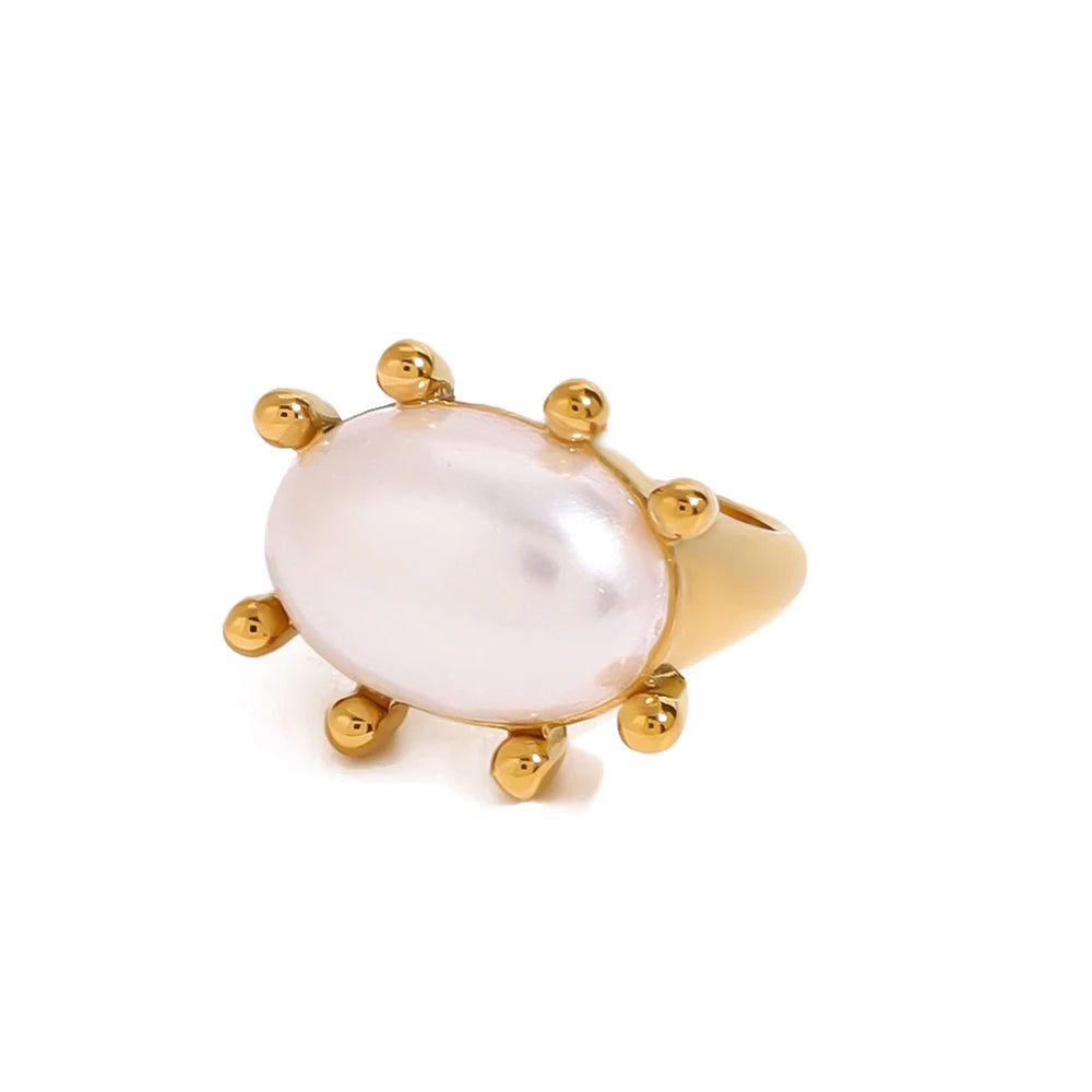 J&D Women's Luxury 18k Stainless Steel Shell Bead Vintage Bold Ring With Shell Bead 7 Fashion Rings