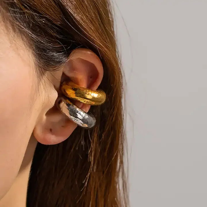 Trendy 18k Gold Plated Chunky Hollow Thick Tube Hammered C Shape Clip on Earrings Non Pierced for Women