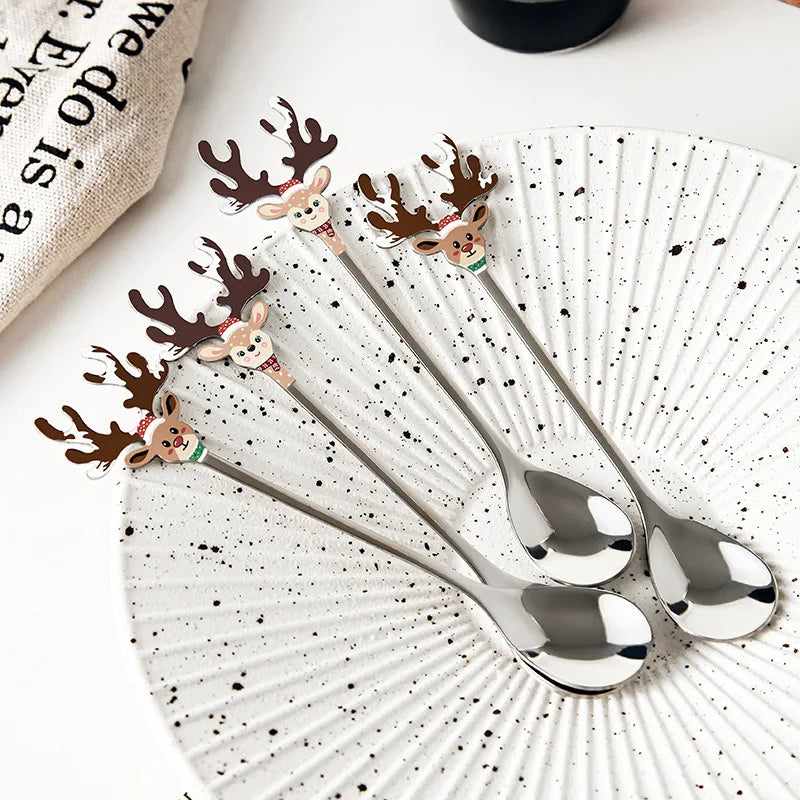 Stainless Steel Christmas Deer Head Dessert & Coffee Stirring Spoon Cute Eco-Friendly Party Gift Kitchen Accessories Home Decor
