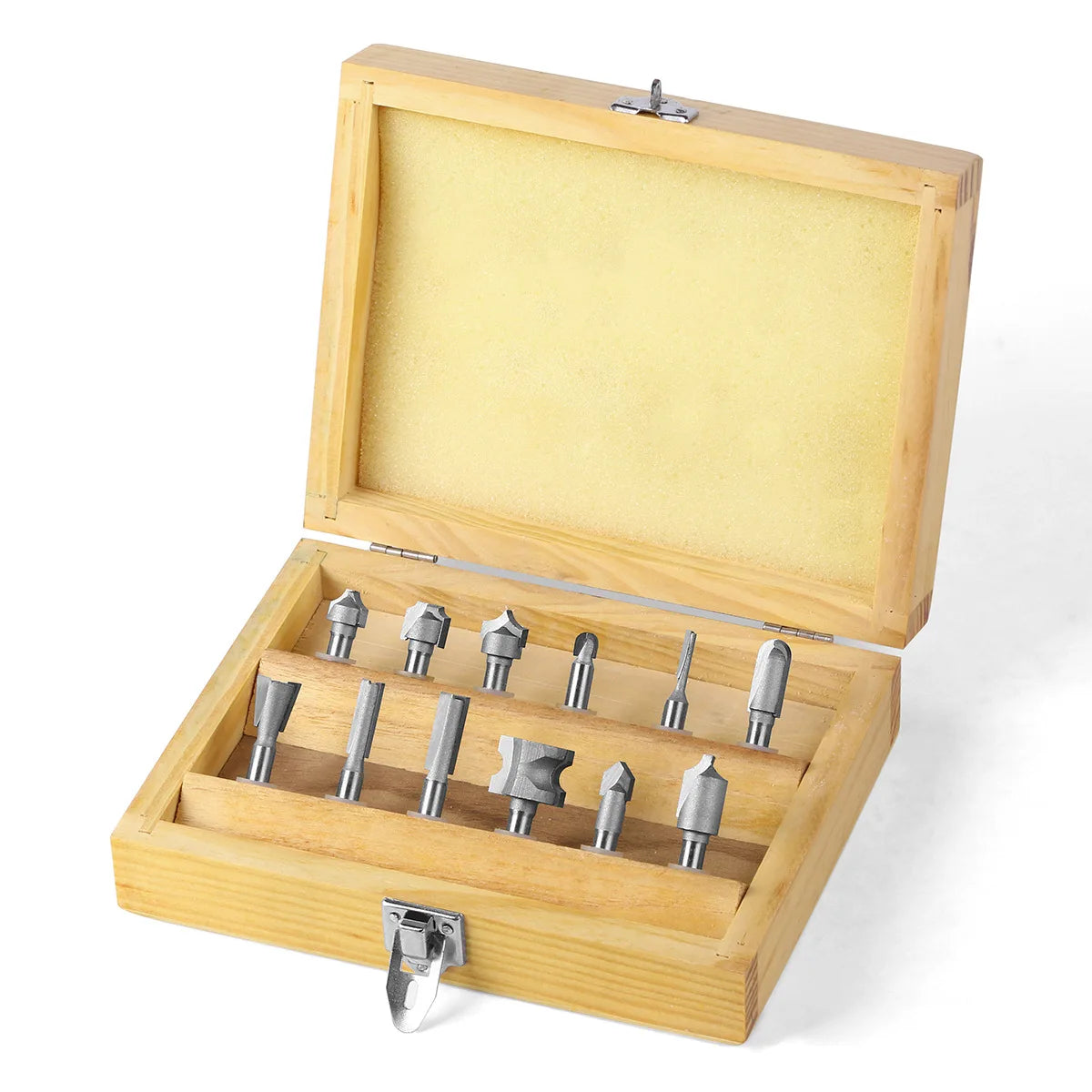12-Piece Router Bits Set 6-Handles Woodworking Flash Trimmer Gong Knife Alloy Cutter Head Slotted Hard Case Tool Box Package