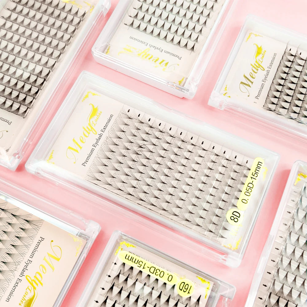 Medylashes Multi-D Handmade Heat Bonded Synthetic Hair Fan Eyelashes Sharp Base Premade Fans Eyelash Packaging Box Custom Lash