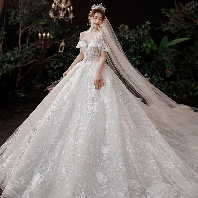 Guangzhou Auyan 2024 Collection New Plus Size One-Shoulder Courtly French Veil Wedding Dresses for Women Lace Flower Bride Gowns