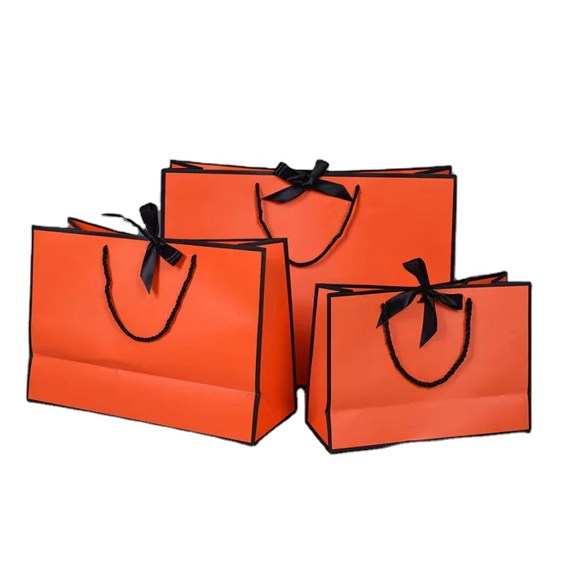 Luxury Orange Clothes Jewelry Cosmetic Paper Gift Bags With Ribbon Bow Tie