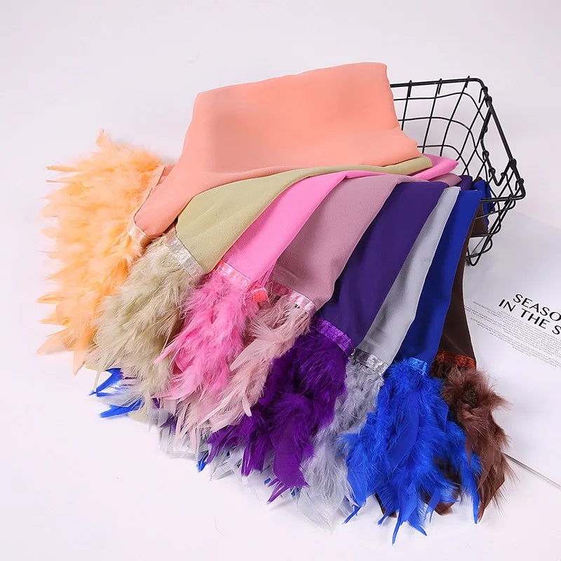 Customized Fashion Outdoor Travel Fancy Feather Chiffon Scarf Hijab for Women