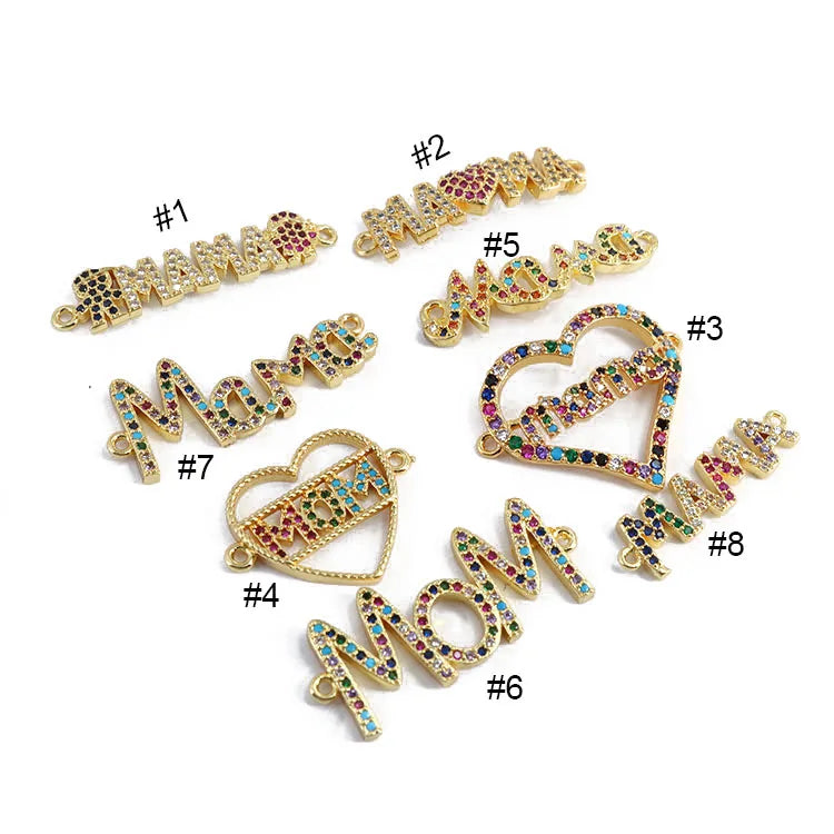 CZ8152 Mother's Day Gift 18k Gold Plated Metal Brass Zircon Paved Mom Mama Connectors for Bracelet Necklace Making