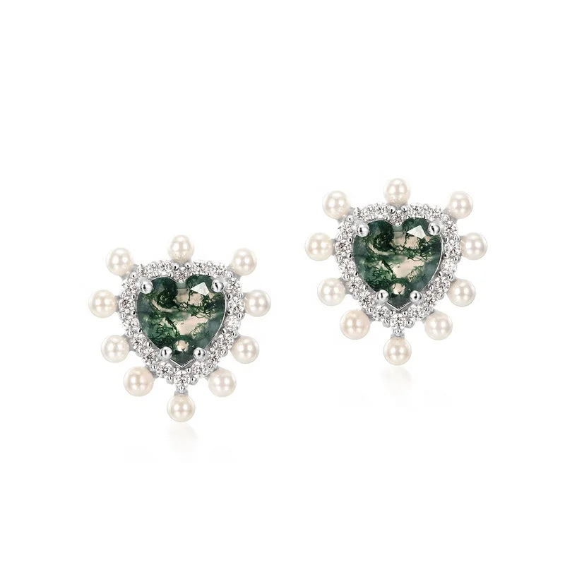 Dainty Real Silver Gemstone Stud Earrings Bling Zircon Cute Heart Shape Moss Agate Earring Jewelry for Girls