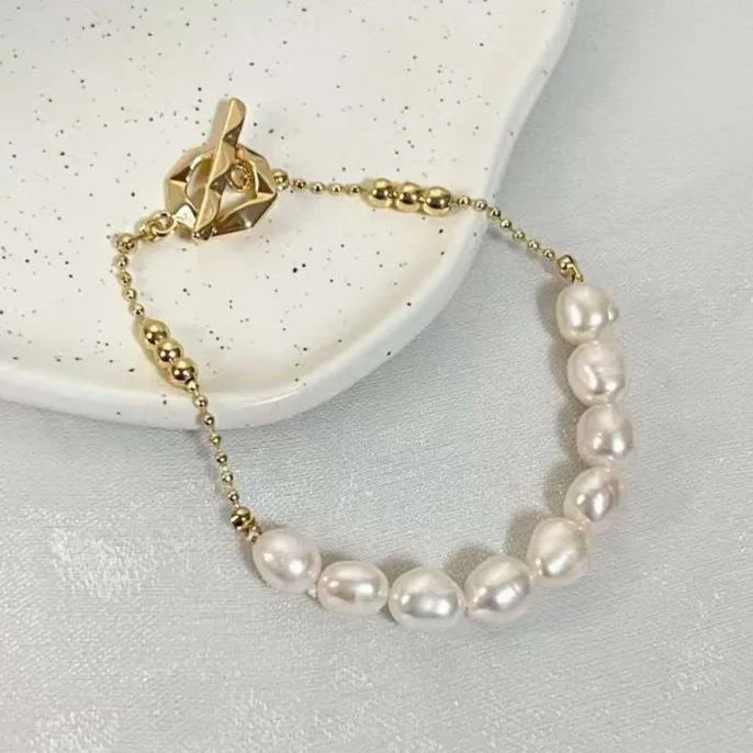 Girlsku New Trendy Rice Shape Freshwater Pearl Wrap Bracelet 16cm OT Buckle for Girls 7-8MM Half Moon Gold Plated AAAA Grade