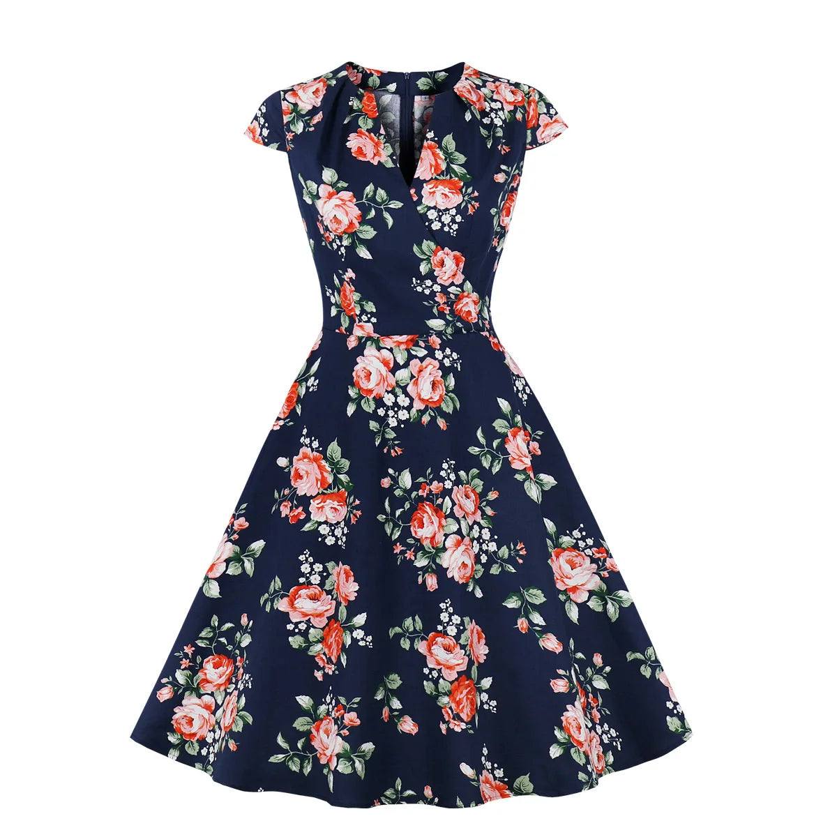 Retro Cotton Floral Printed Dress for Woen Vintage 1950s V Neck Swing Dress with Sleeves