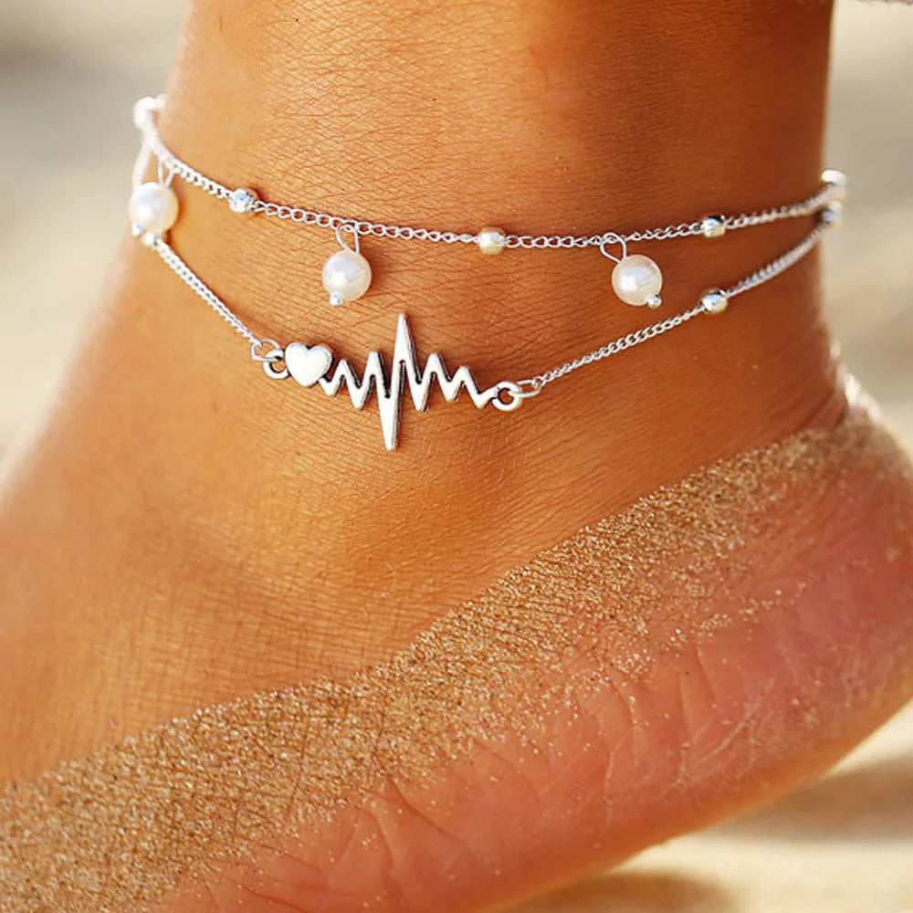 Ecg Personality Foot Ornaments Combination Female Suit Double Pearl Anklet