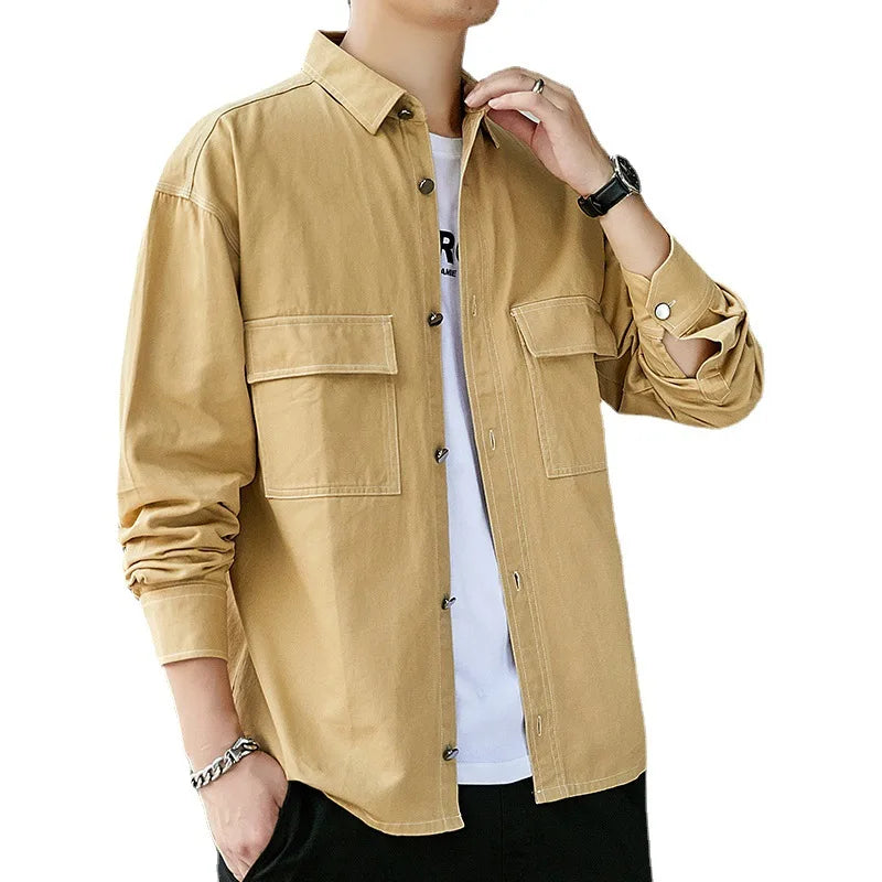 Autumn Men's Cotton Long Sleeve Shirt Jacket High Collar Casual Cotton Men's Jacket Artistic & Functional Youth Jacket
