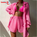 Beach Solid Color Shirt Suit Sexy Loose Sunscreen Coat Casual Top Loose Shorts Set Women Bikini Swimsuit Blouse Cover Ups