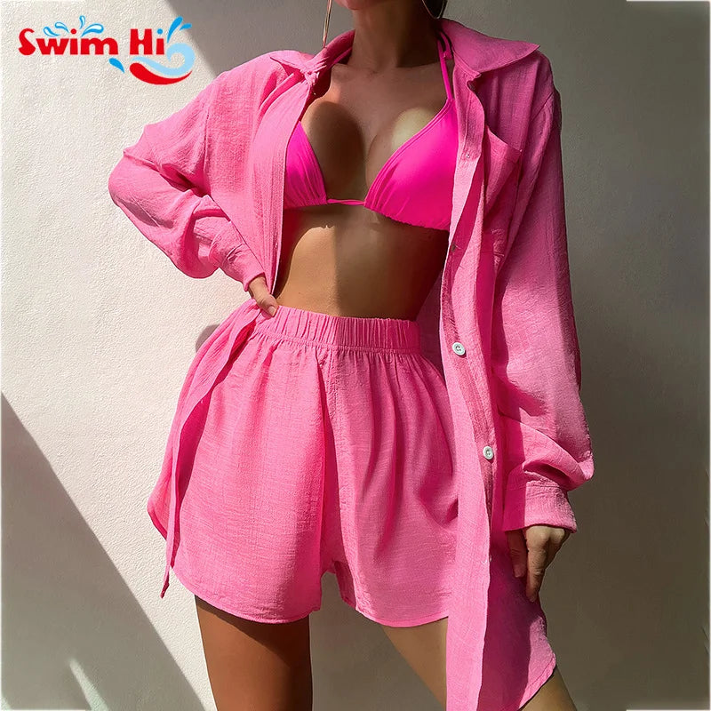 Beach Solid Color Shirt Suit Sexy Loose Sunscreen Coat Casual Top Loose Shorts Set Women Bikini Swimsuit Blouse Cover Ups
