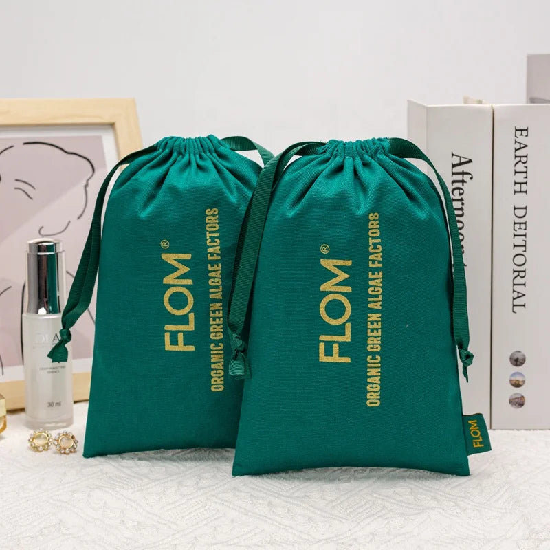 Luxury Soft Wholesale Customized Environmental Protection Gym Cosmetic Shoe Clothes Green Cotton Drawstring Bag