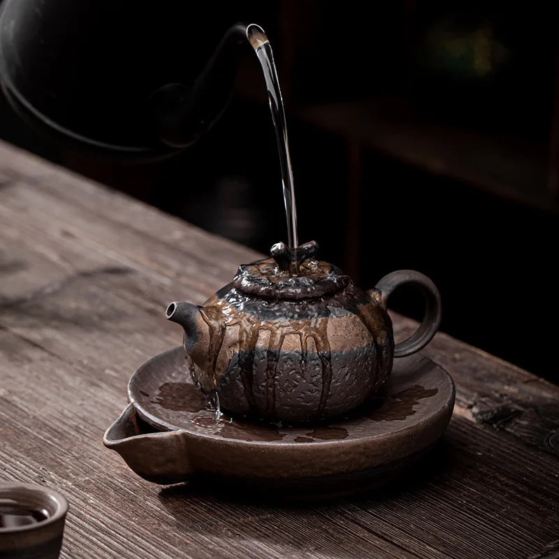 Japanese Retro Ceramic Kung Fu Tea Set Iron Glaze Persimmon Teapot with Domestic Handle Stoneware Single Tea Pot