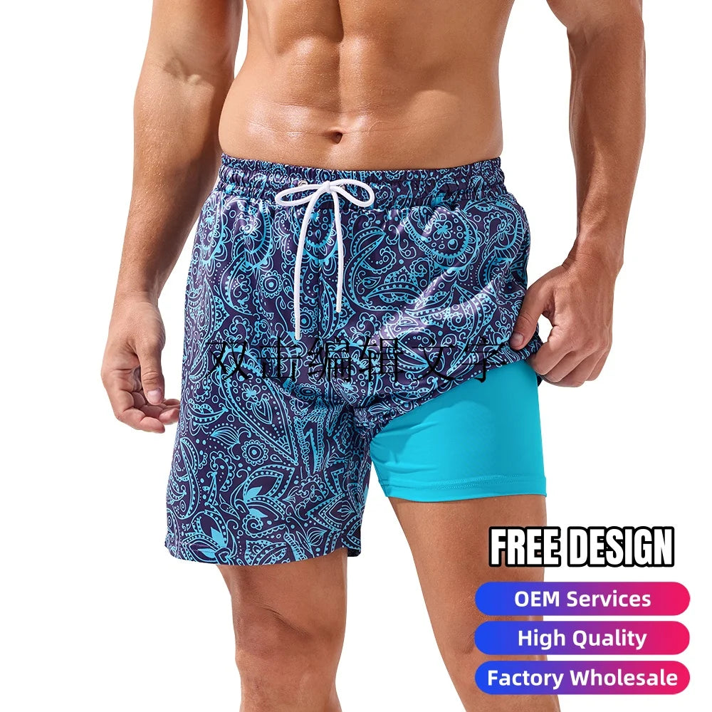 Personalized Paisley Print Summer Beachwear with Compression Liner Bathing Suit Waterproof Pocket Mens Swim Trunks