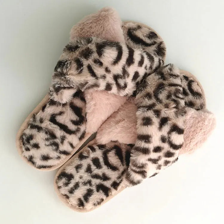 Basic Cross Strap Women's Leopard Print for Slippers Soft Plush Breathable Furry for Indoor & Outdoor Warm Anti-Slip for Spring