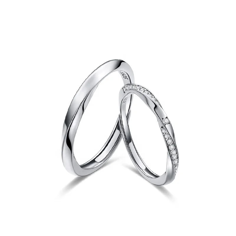 GR92 Eternal Couple Ring Trendy S925 Sterling Silver Water Waves Promise Mobius Ring with Geometric Inlay Zircon Engagement Gift