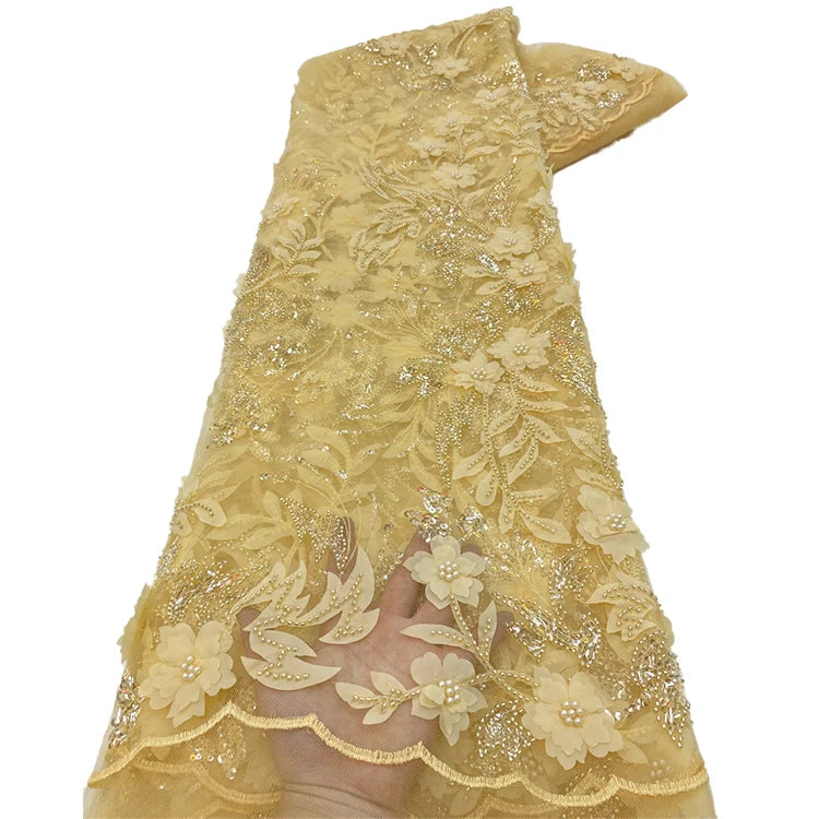 Wholesale Satin Net Pearl Lace Fabric Luxury Gold Embroidery 3d Applique Beaded Lace Fabric