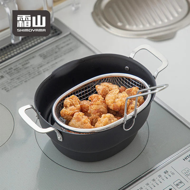 SHIMOYAMA PTFE Coated Iron Frying Pot with Filter Set Non-Stick Kitchen Cookware Fryer Pot and Oil Filter