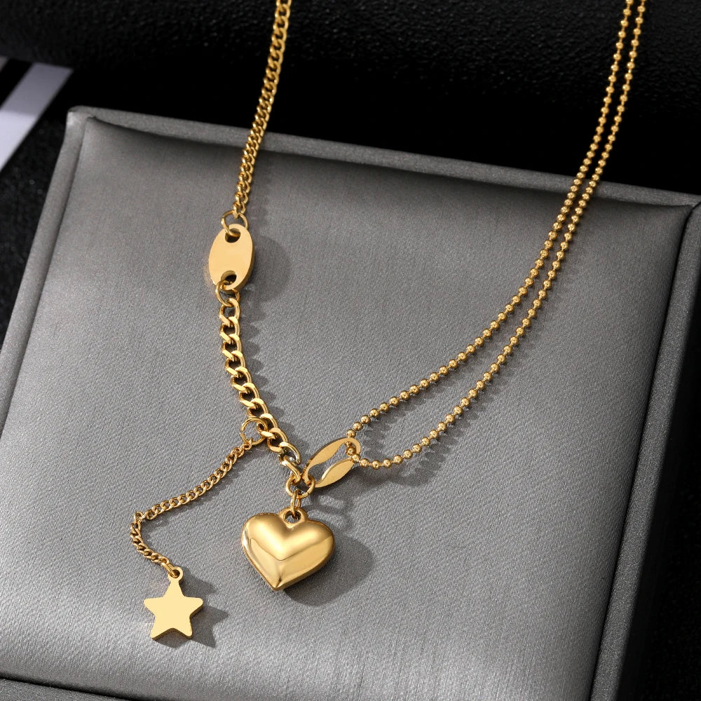 VKME New Women Jewelry Fashion Star Multilayer Gold Plated Stainless Steel Heart Necklace