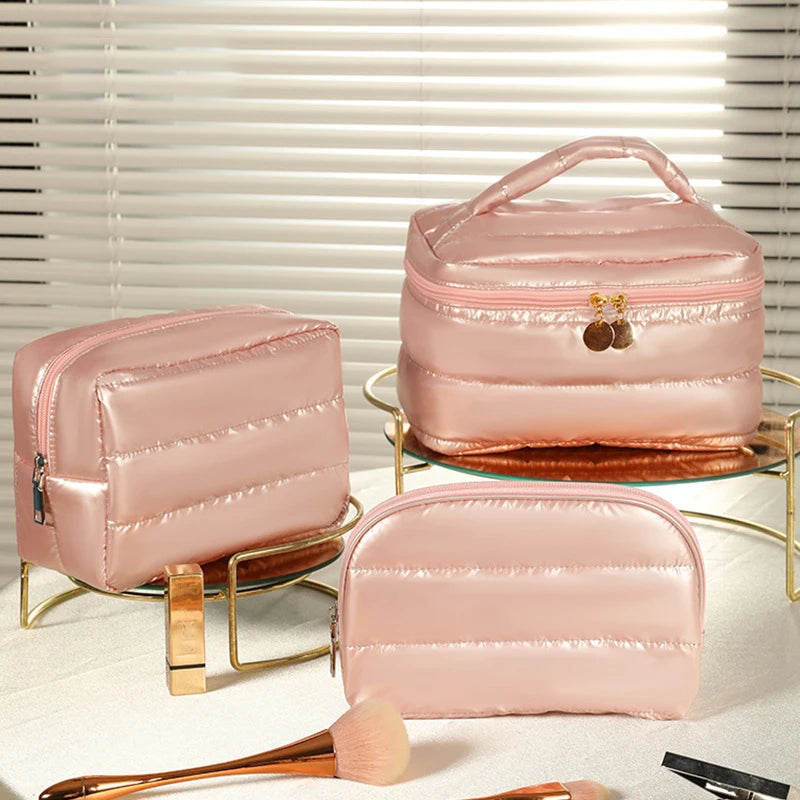 3 Pieces Luxury Ladies Travel Makeup Bag Puffy Puffer Makeup Sets Women PU Leather Cosmetic Bag