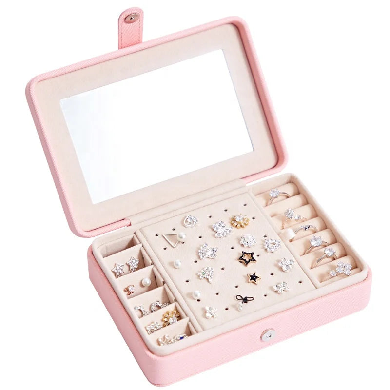 Custom Logo PU Leather Jewelry Box Modern Style Rectangle Jewelry Organizer with Mirror