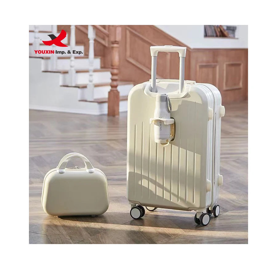 Gift Custom High Quality Carry on Travelling Suitcase Box Solid Color PC ABS Trolly Bag Luggage Suitcase Set with Cup Holder