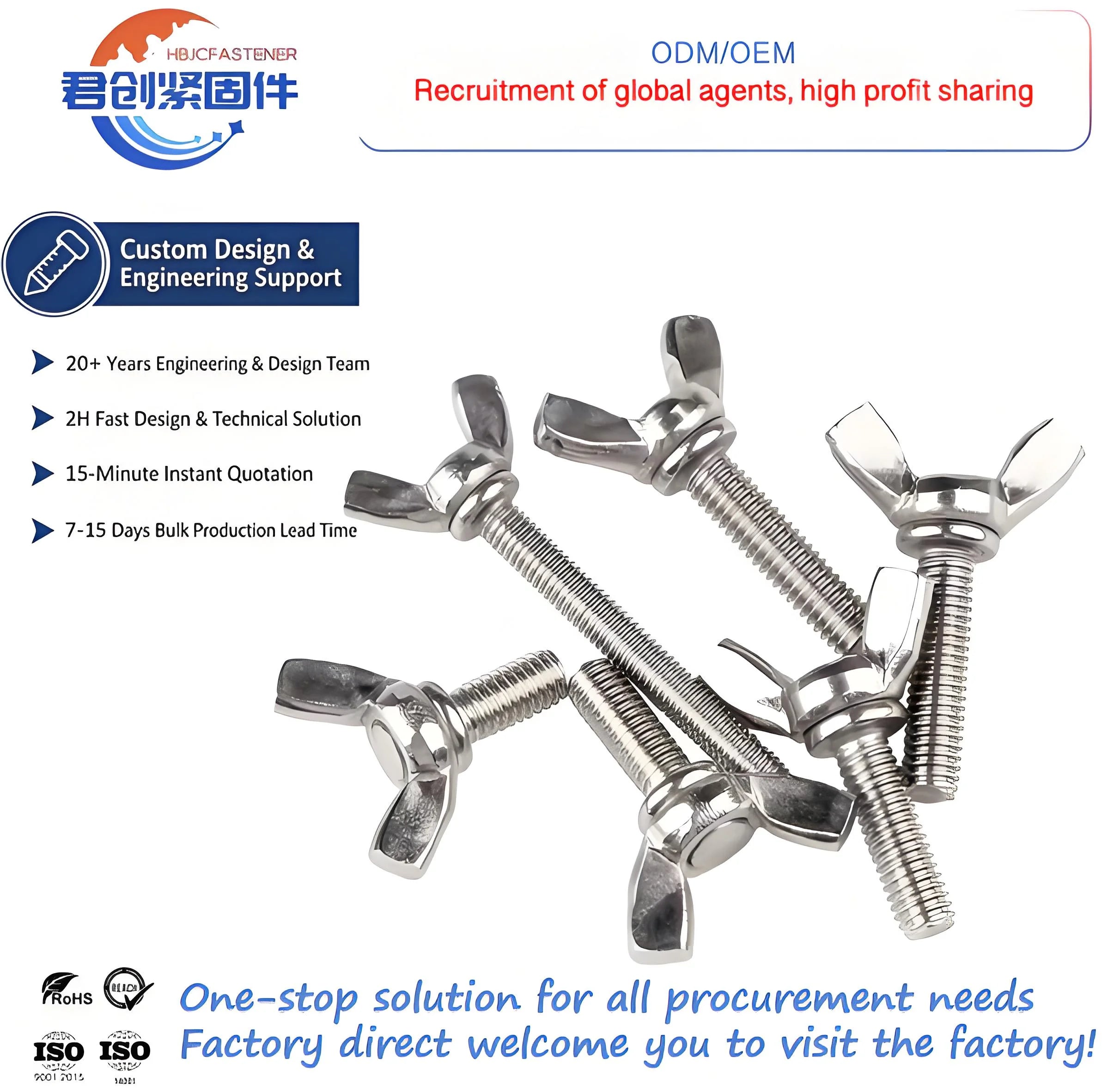 High Quality M10 Butterfly Nut Bolt Hex Screw M3 M4 Thread Plain Finish ISO/DIN Standard Available Various Lengths Ss Bolt