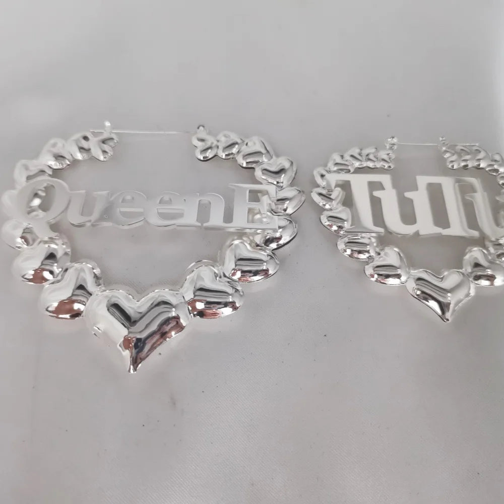 Qiuhan Personalized Stainless Steel Jewelry Twist Custom Letter Name 3D Bubble Heart Hoop Earrings Gift for Women