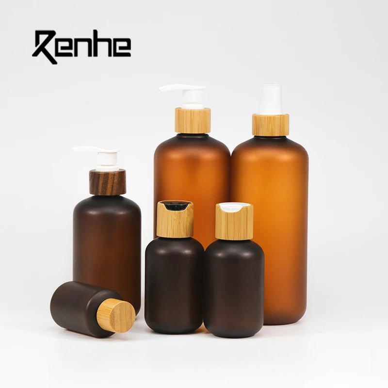 60ml 120ml 250ml 500ml Amber Frosted Plastic Pet Pump Lotion Bottle With Bamboo Lid for Shampoo Conditioner and Bath Oil