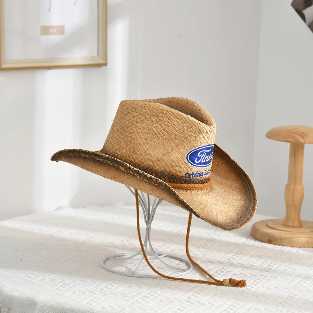 Promotion Gift Event Custom Embroidery logo 100% Raffia Man Beach Cowboy Straw Hat