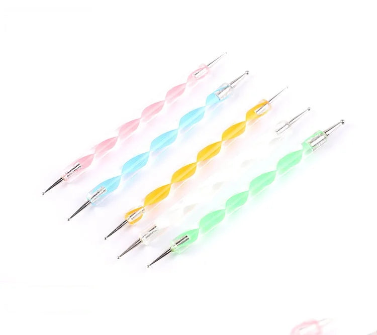 Luxury Double Head Nail Art Dotting Pens 5pcs Set with Dot Screw Rod Plastic Brushes Crimped Ferrules Nail Tools for Painting