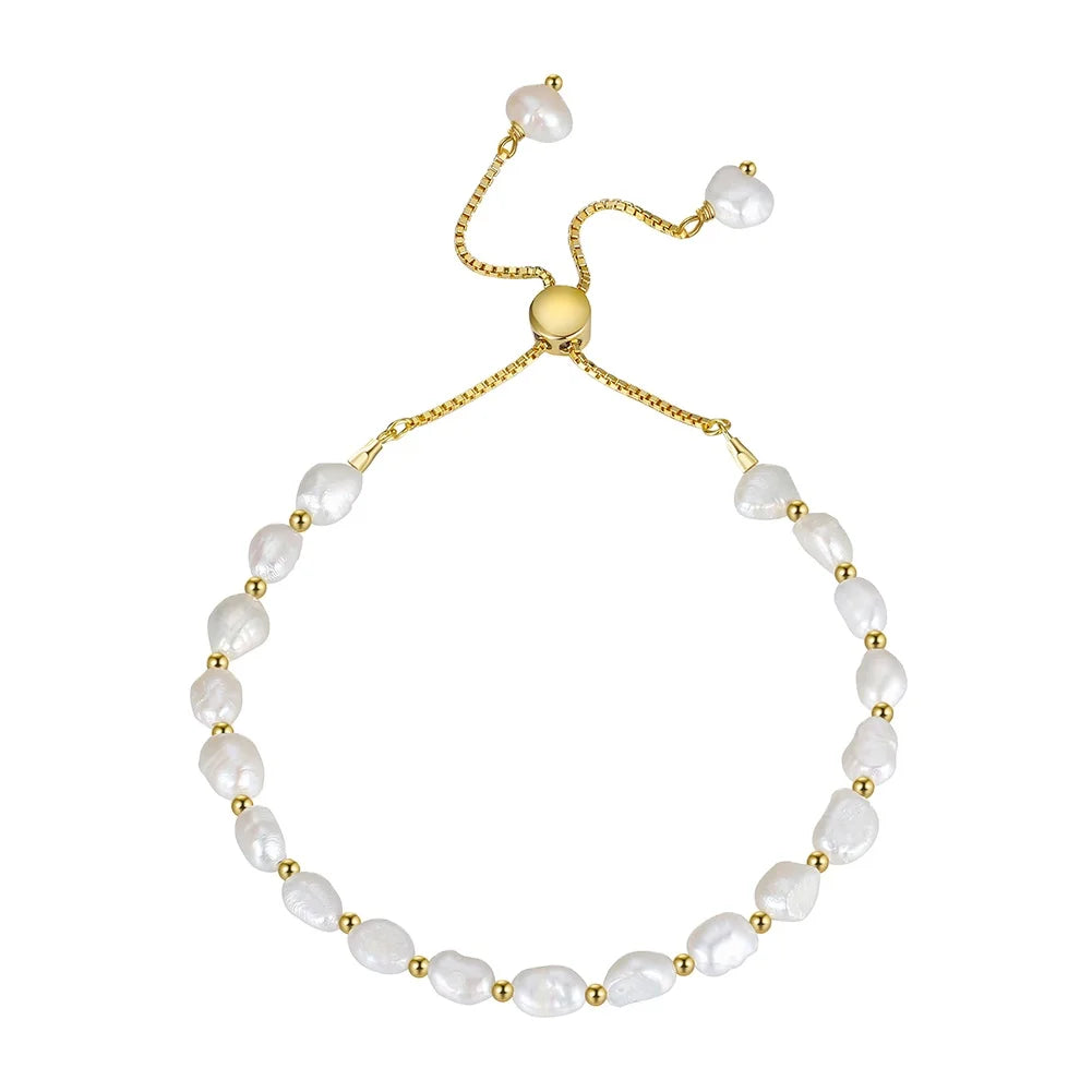 RINNTIN GPB09 Genuine 925 Sterling Silver Pearl Bracelet Chain Link Baroque Pearl Beads 14K Gold Bracelet Brazalete for Women