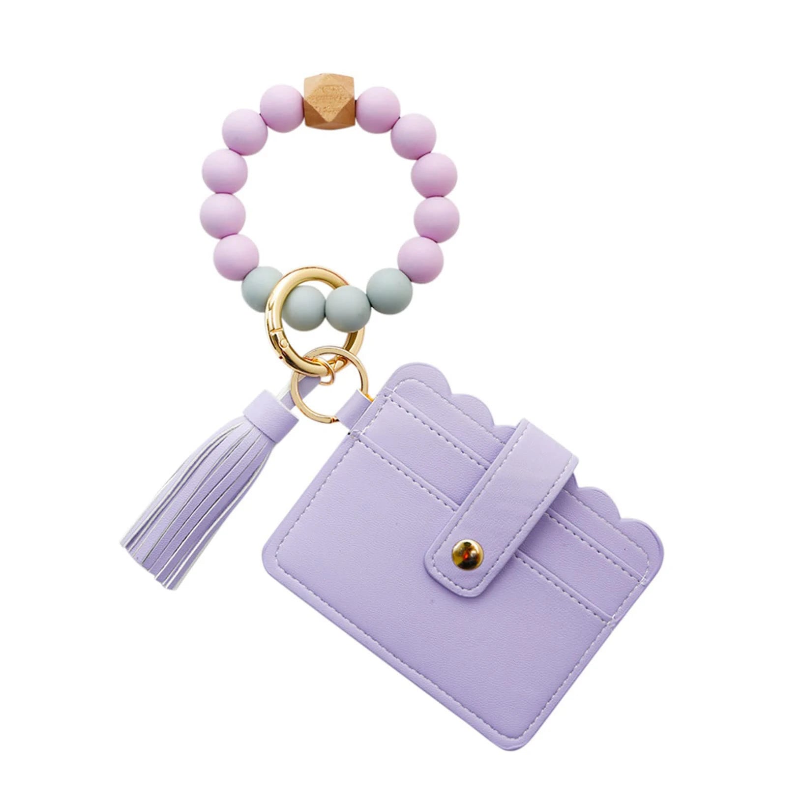 New Arrival Alloy Bead Bracelet Keychain with Quartz Flower Design Women's Classic Wallet & Bangle Car Key Ring Card Holder