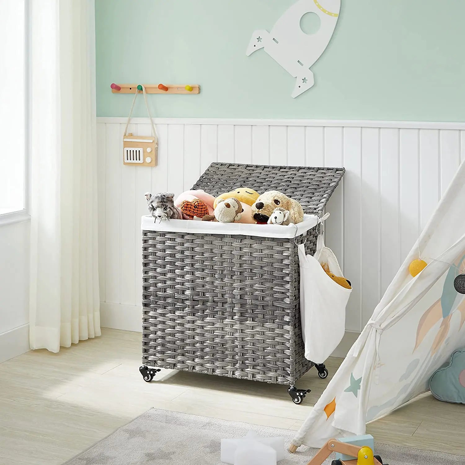 JY 90L Wicker Washing Basket Grey Ironing Linen Laundry Basket Separation Hamper White Clothes Dirty Divided Washing Basket