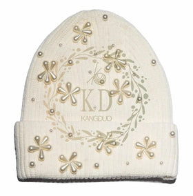 KD Beanie Manufacture Custom OEM ODM Designer Warm Pearly Snowflake Rib Knit Beanie Hat