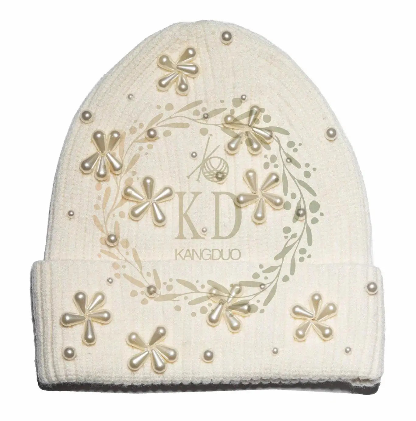 KD Beanie Manufacture Custom OEM ODM Designer Warm Pearly Snowflake Rib Knit Beanie Hat