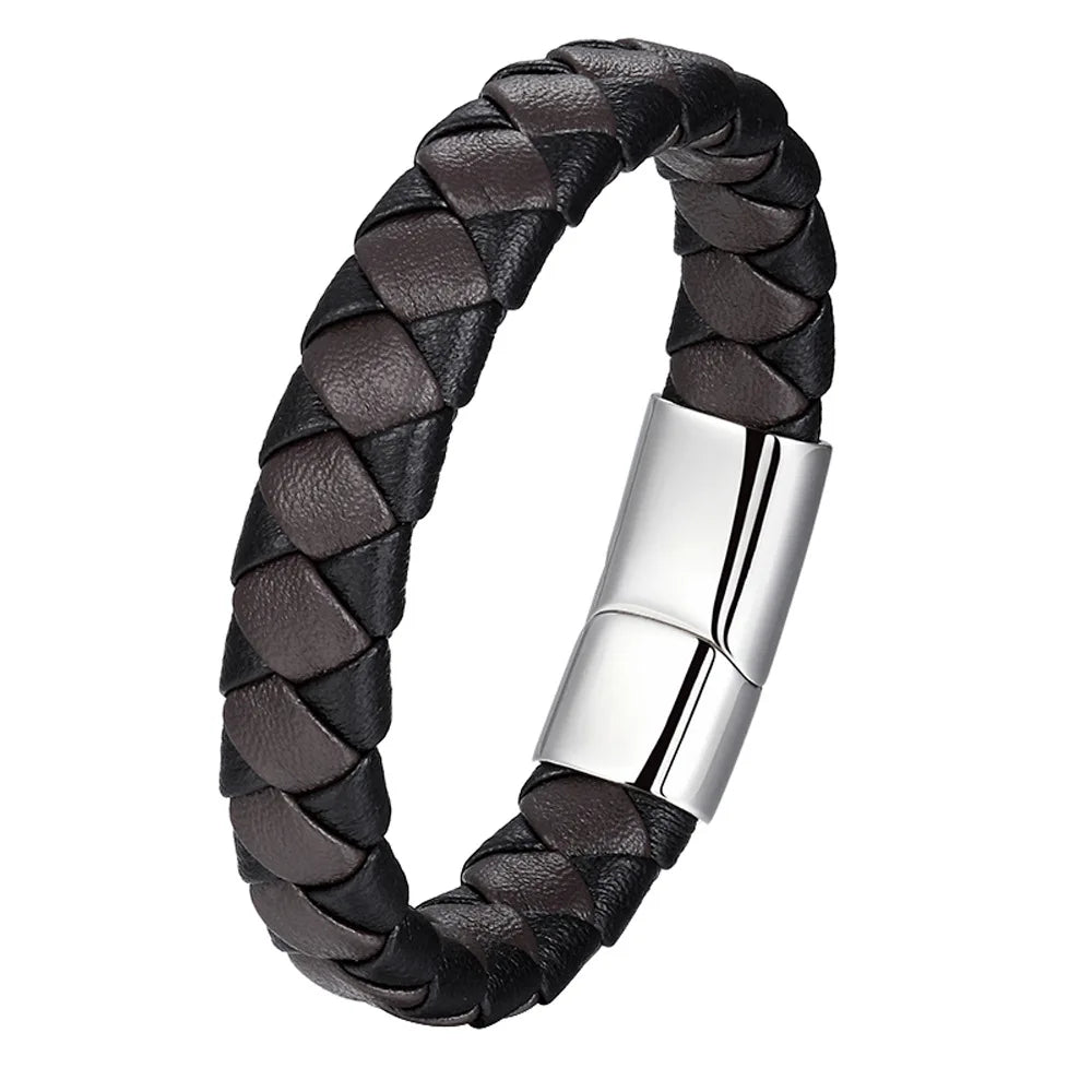 Retro Men's Braided Black Leather Bracelet Vintage Handmade Genuine Leather Hand Jewelry With Magnetic Closure