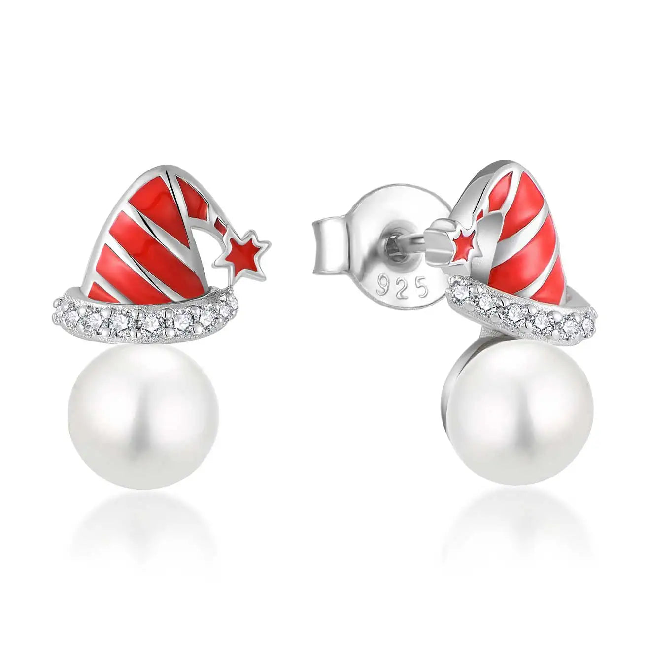 QX CUSTOM OEM Christmas Red Hat Zircon Pearl Fine Jewelry Luxury 925 Sterling Silver Stud Flower Earring for Women