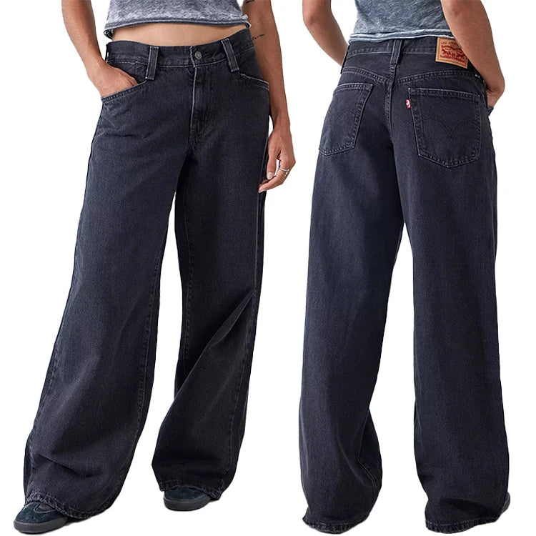 Wholesale Custom Boyfriend Jeans for Women 100% Cotton Black Wide Leg Jeans Low Waist Distressed High Quality Baggy Jeans Women