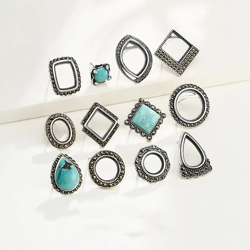 Retro 925 Sterling Square Drop Oval Blank Earring Tray Bases Antique Silver Ear Stud Bases Settings Cabochon