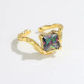 Luxury 925 Sterling Silver Gold Plated Irregular Texured Open Rings 925 Silver Square Zircon Finger Ring