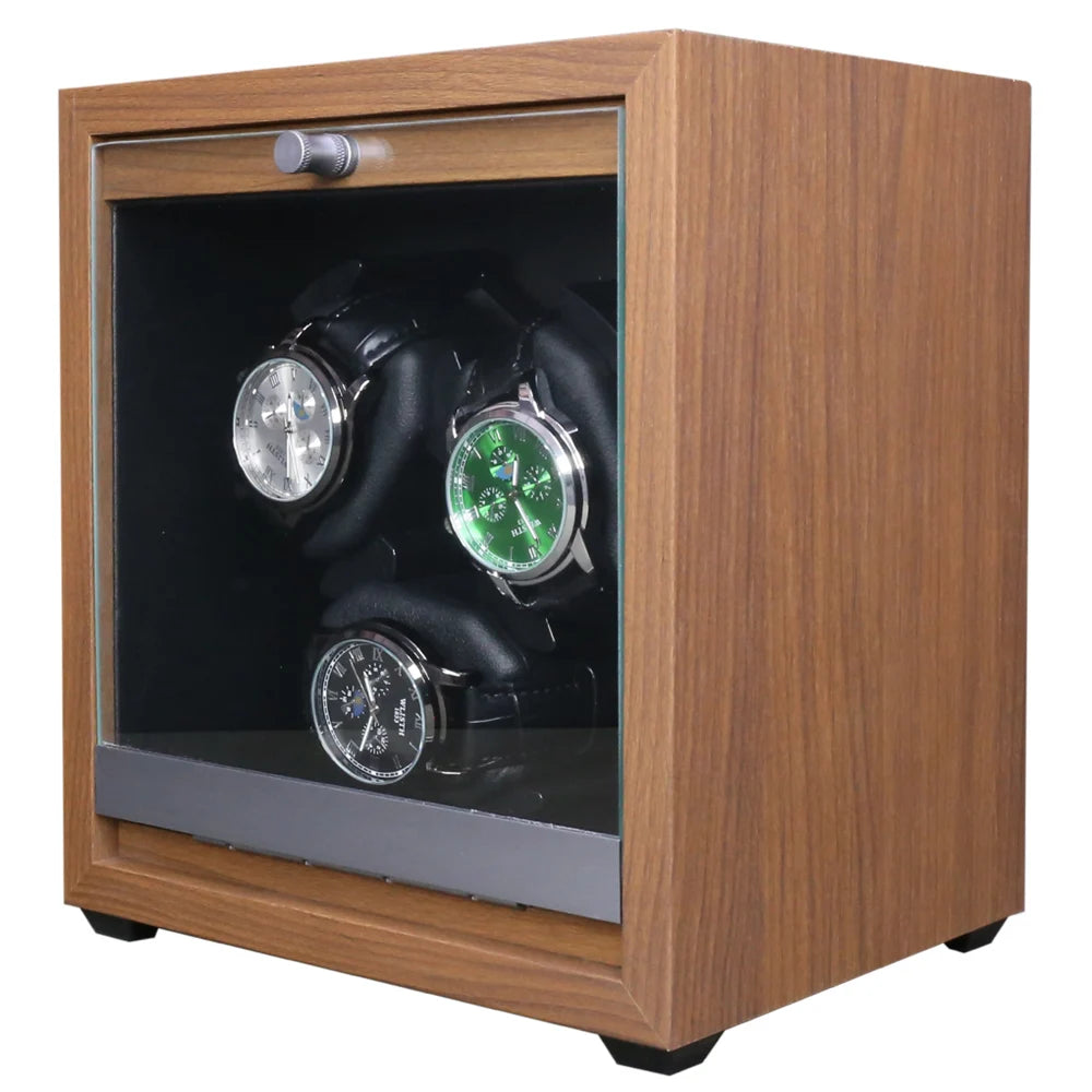 3 Slots Automatic Clear Window Watch Shaker Quiet Custom Logo Motor Box Wooden Walnut Grain Watch Winder 3 Watches Storage Box