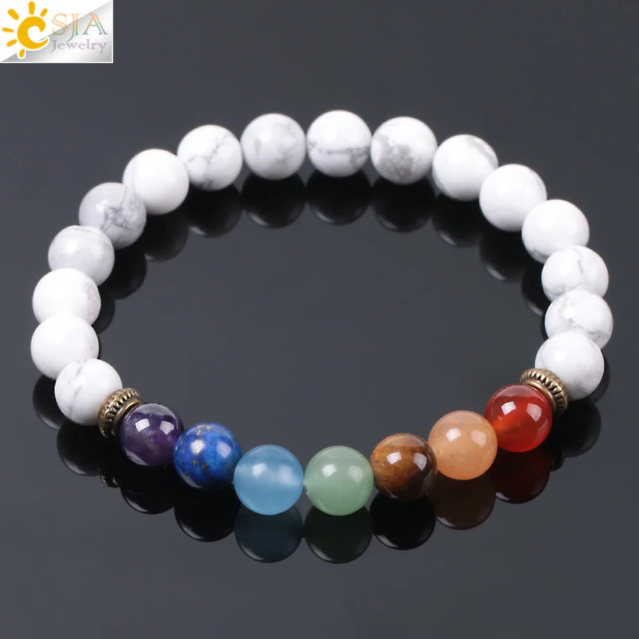 CSJA Fashion 7 Chakra Howlite Stone Crystal Bead Bracelet Men Reiki Healing Energy Yoga Stretch Bangle Wholesale E957