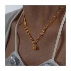 ERESI Dainty 18k Waterproof Gold Plated Chain Ball Pendant Necklace Women Fashion Stainless Steel Double Layer Necklace Jewelry
