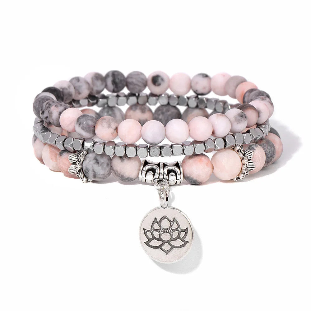 3 PCs/set Multi-layer Gemstone Bracelet for Women Jewelry Healing Crystal Lotus Charm Handmade Stretch Natural Stone Bracelet