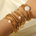 New Arrival Stainless Steel 18K Freshwater Pearls Double Layers Cuban Link Chains Women Bracelets OT Buckle Adjustable