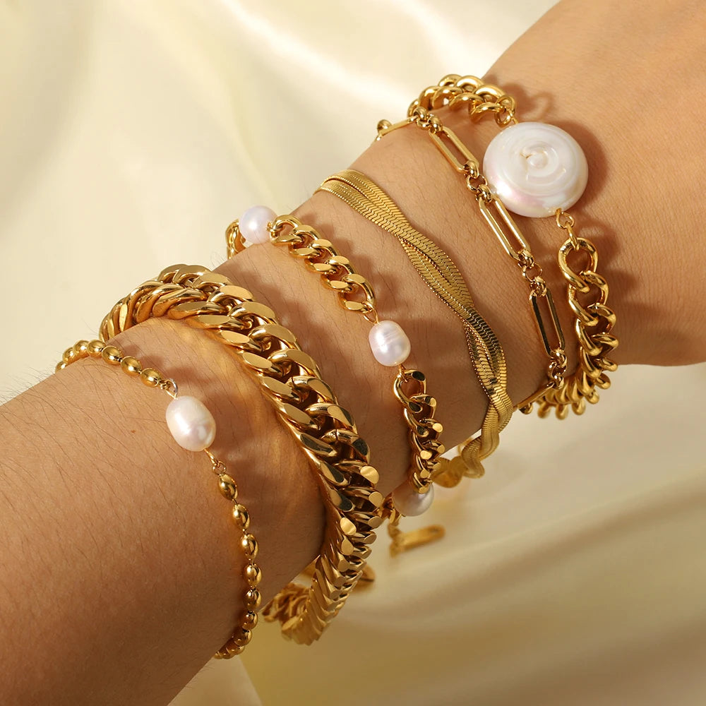 New Arrival Stainless Steel 18K Freshwater Pearls Double Layers Cuban Link Chains Women Bracelets OT Buckle Adjustable