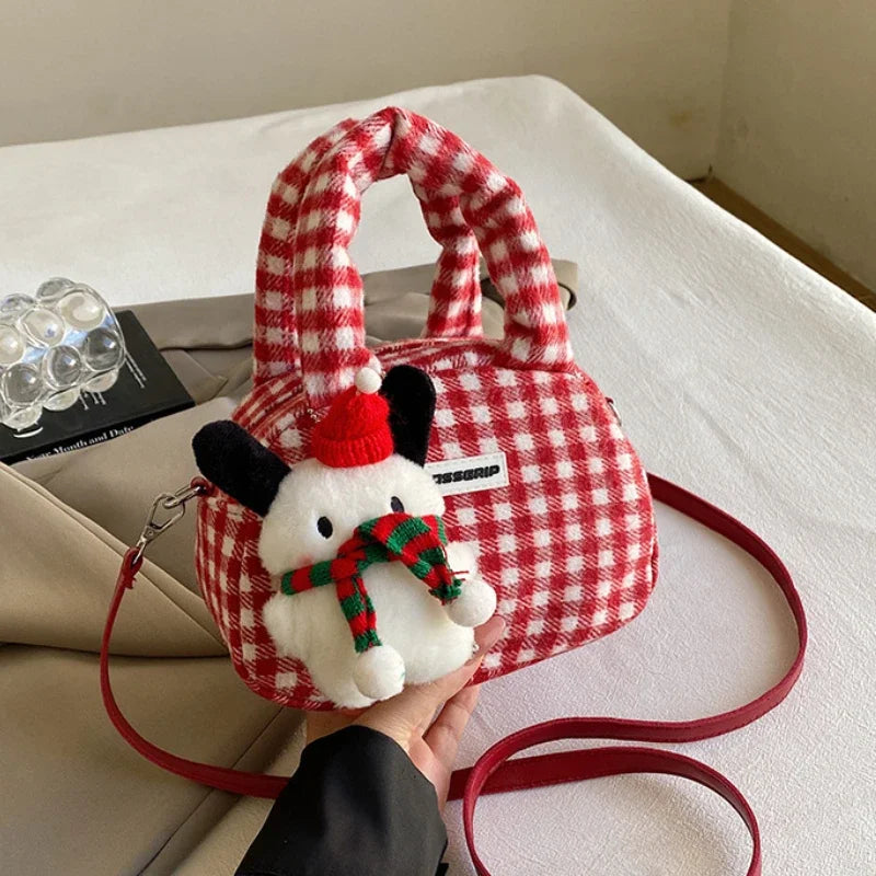 Cute Fashion Women Square Purse Handbags Retro Plaid Ladies Small Tote Shoulder Bags Sweet Pendant Female Winter Crossbody Bag