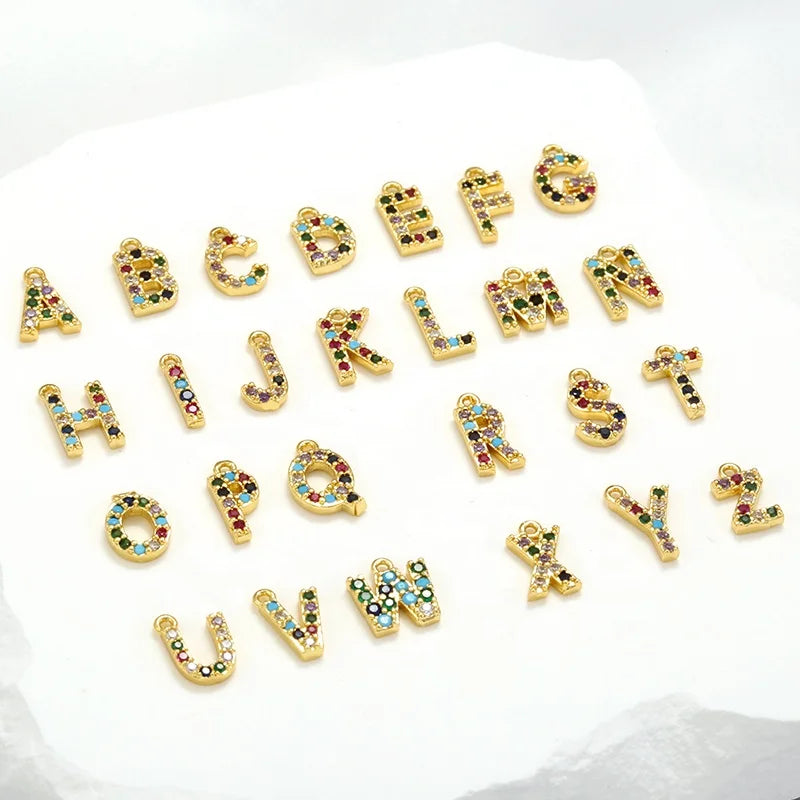 8*8.5mm Colorful CZ 26 Letters Initial Charms with Gold & Silver Colors and Real Gold Plating for Jewelry Making